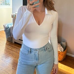Express White V-Neck Long Sleeve Bodysuit